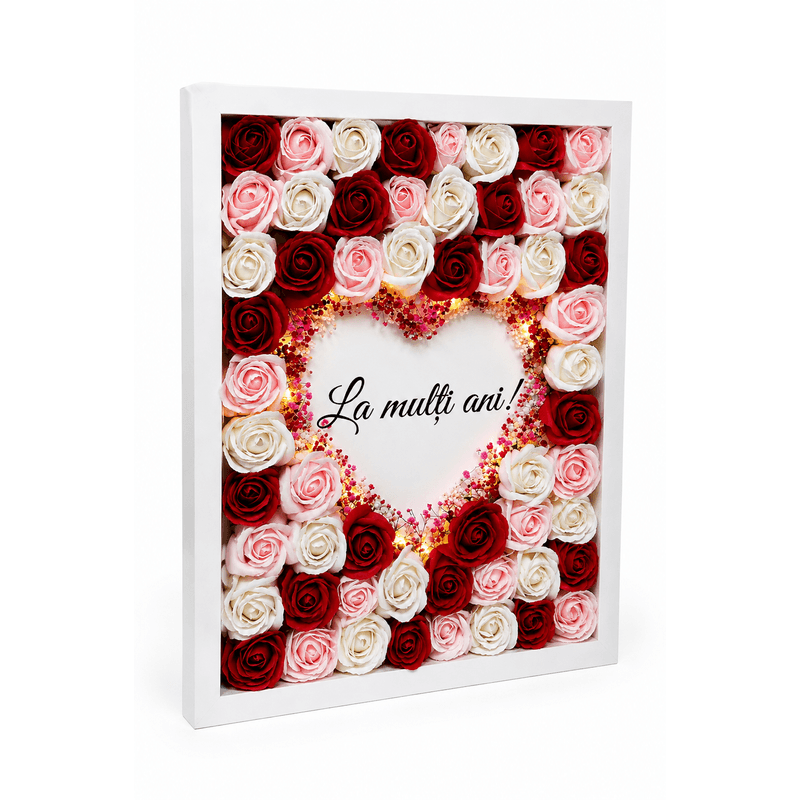 Market - Cadouri - Flori si aranjamente - Aranjament floral tip tablou cu trandafiri decorativi si lumina LED - Infinity.ro