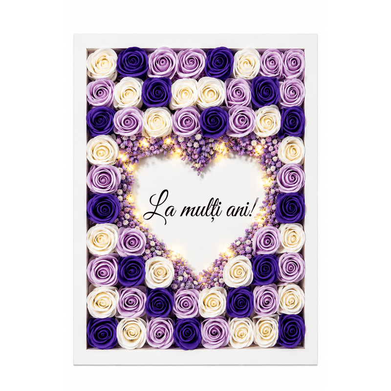 Market - Cadouri - Flori si aranjamente - Aranjament floral tip tablou cu trandafiri decorativi si lumina LED - Infinity.ro