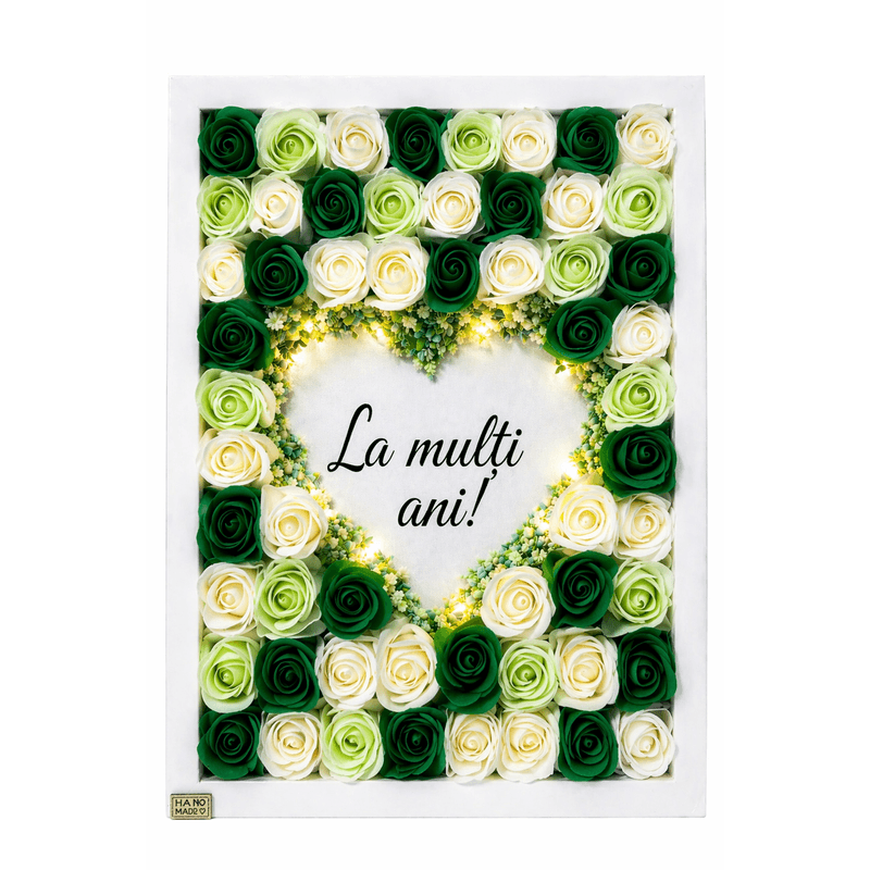 Market - Cadouri - Flori si aranjamente - Aranjament floral tip tablou cu trandafiri decorativi si lumina LED - Infinity.ro