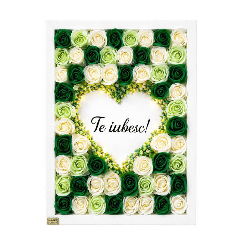 Market - Cadouri - Flori si aranjamente - Aranjament floral tip tablou cu trandafiri decorativi si lumina LED - Infinity.ro