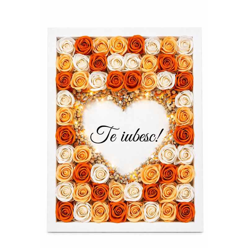 Market - Cadouri - Flori si aranjamente - Aranjament floral tip tablou cu trandafiri decorativi si lumina LED - Infinity.ro