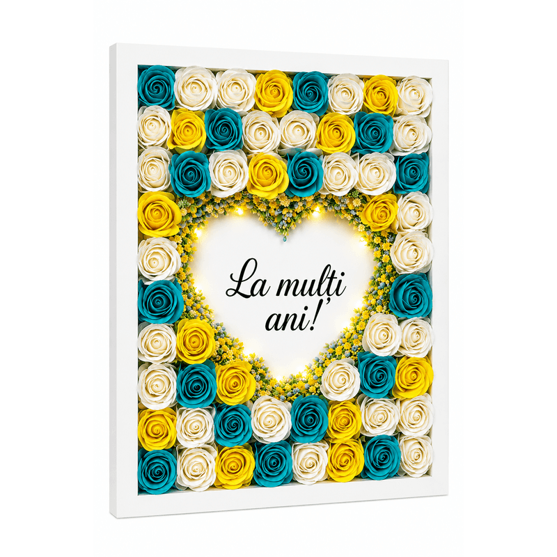 Market - Cadouri - Flori si aranjamente - Aranjament floral tip tablou cu trandafiri decorativi si lumina LED - Infinity.ro