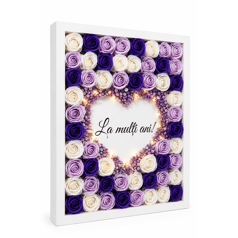 Market - Cadouri - Flori si aranjamente - Aranjament floral tip tablou cu trandafiri decorativi si lumina LED - Infinity.ro