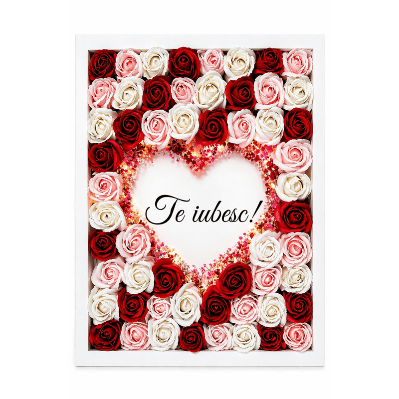 Market - Cadouri - Flori si aranjamente - Aranjament floral tip tablou cu trandafiri decorativi si lumina LED - Infinity.ro
