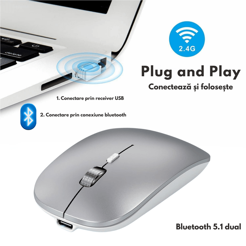 PC, gaming si accesorii - Periferice PC - Mouse - Mouse Wireless Reincarcabil QOVA®, Dual Mode Bluetooth 5.1 + 2.4GHz, Reincarcabil USB-C, Click Silentios, DPI Reglabil - Infinity.ro