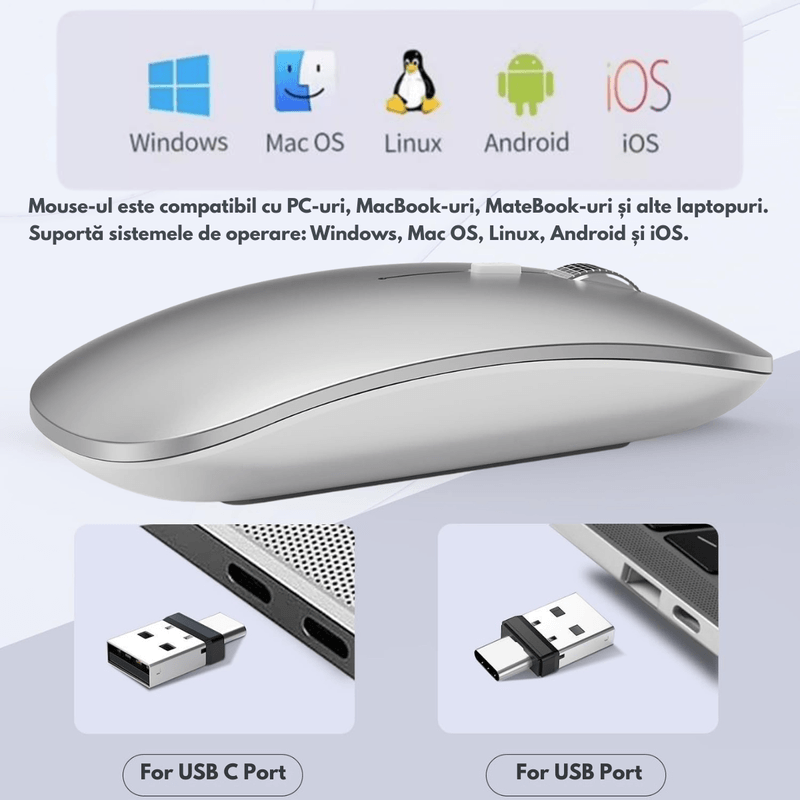 PC, gaming si accesorii - Periferice PC - Mouse - Mouse Wireless Reincarcabil QOVA®, Dual Mode Bluetooth 5.1 + 2.4GHz, Reincarcabil USB-C, Click Silentios, DPI Reglabil - Infinity.ro
