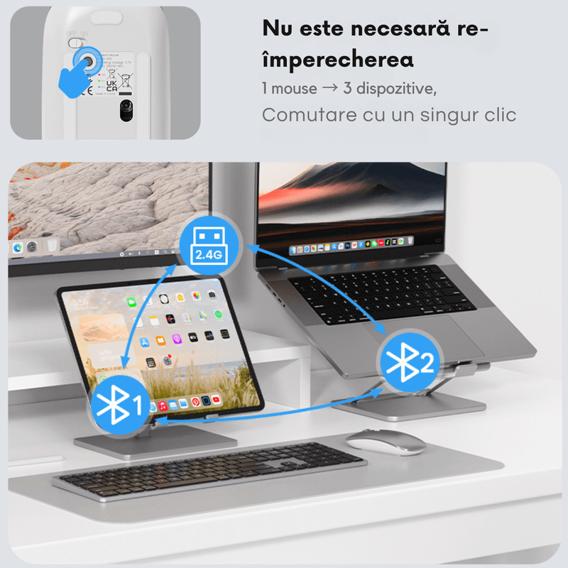 PC, gaming si accesorii - Periferice PC - Mouse - Mouse Wireless Reincarcabil QOVA®, Dual Mode Bluetooth 5.1 + 2.4GHz, Reincarcabil USB-C, Click Silentios, DPI Reglabil - Infinity.ro