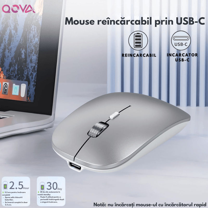 PC, gaming si accesorii - Periferice PC - Mouse - Mouse Wireless Reincarcabil QOVA®, Dual Mode Bluetooth 5.1 + 2.4GHz, Reincarcabil USB-C, Click Silentios, DPI Reglabil - Infinity.ro