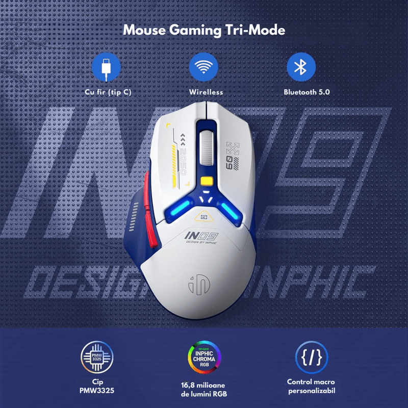 PC, gaming si accesorii - Periferice PC - Mouse - Mouse Gaming Wireless, Ergonomic, Conectare Tri-Mode Bluetooth 5.0 + 2.4G + USB-C cu fir, 10000 DPI, Lumini RGB - Infinity.ro