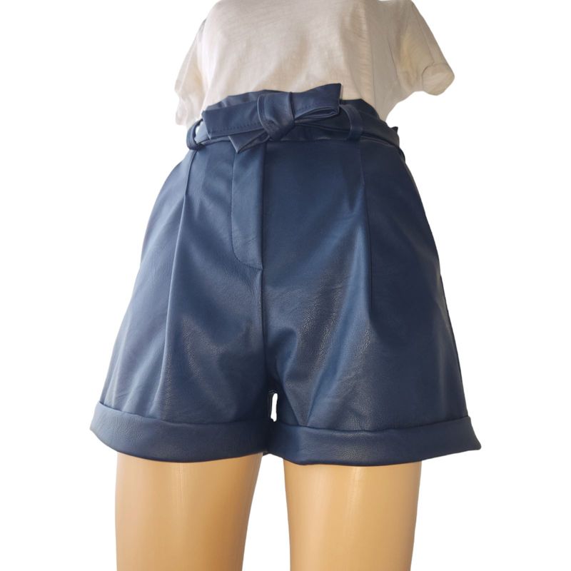 Fashion, accesorii si bijuterii - Femei - Imbracaminte femei - Pantaloni femei - Pantaloni scurti din piele ecologica, bleumarin, talie elastica si cordon detasabil, buzunare laterale, marime S - Infinity.ro