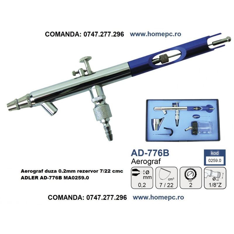 Casa si Gradina - Constructii - Vopsea si tencuieli - Pistoale si sisteme de vopsit si tencuit - Aerograf duza 0.2mm rezervor 7/22 cmc ADLER AD-776B MA0259.0 - Infinity.ro