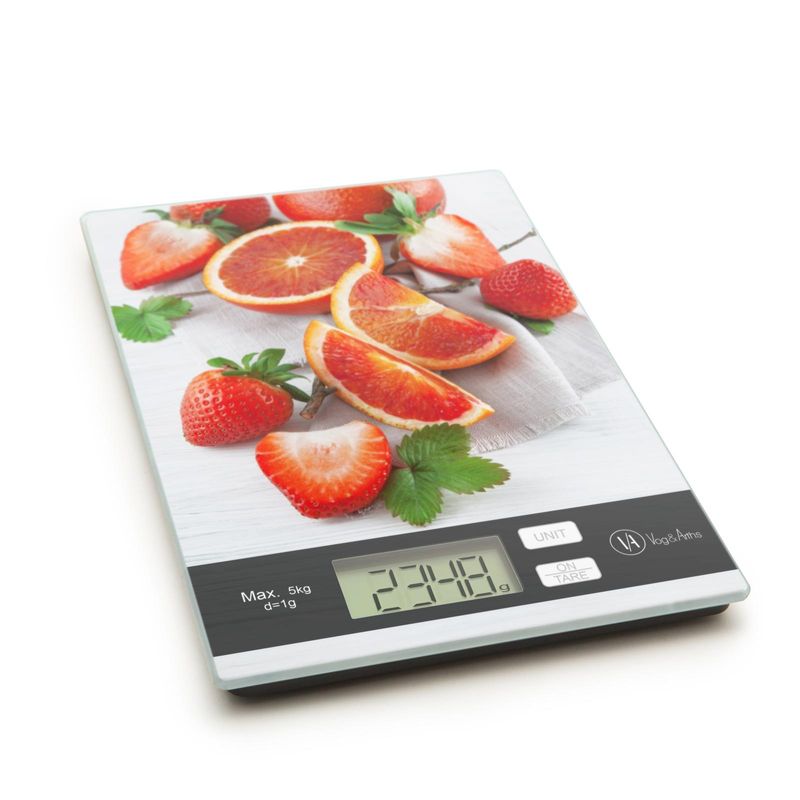 Casa si Gradina - Bucatarie si vesela - Ustensile bucatarie - Ustensile de masurat de bucatarie - Cantar bucatarie digital, 5 kg, sticla, unitati g kg lb oz, baterie inclusa, design fructe - Infinity.ro