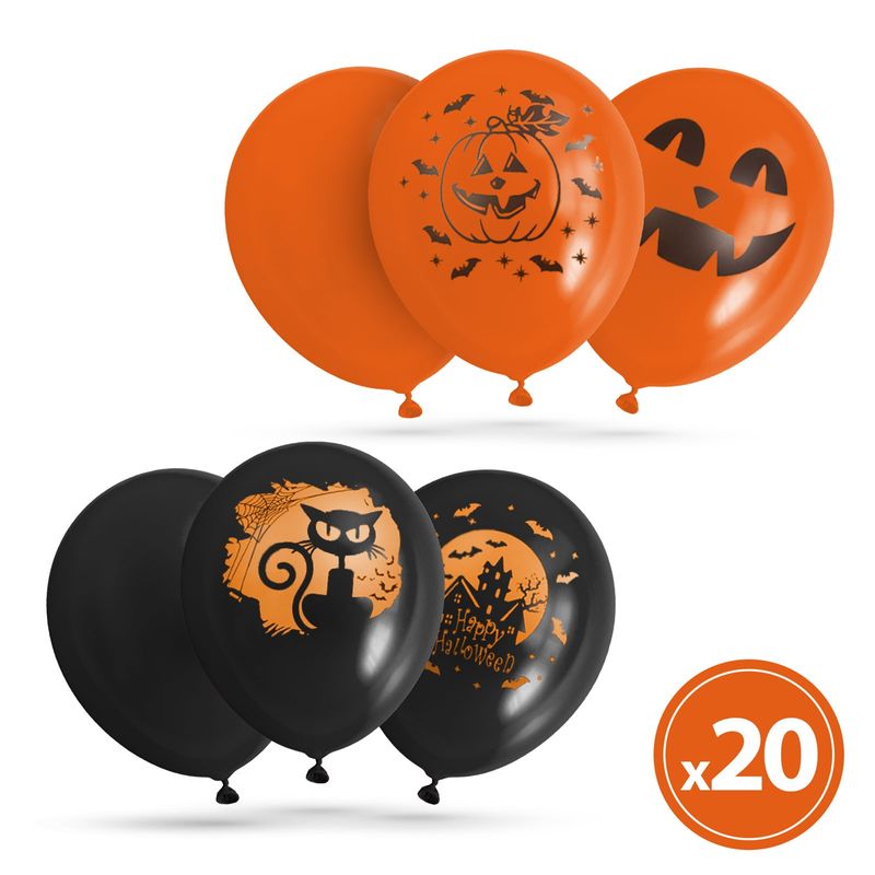 Casa si Gradina - Decoratiuni - Decoratiuni de sezon - Baloane Halloween set 20 bucati, baloane latex, negru si portocaliu, 6 modele - Infinity.ro