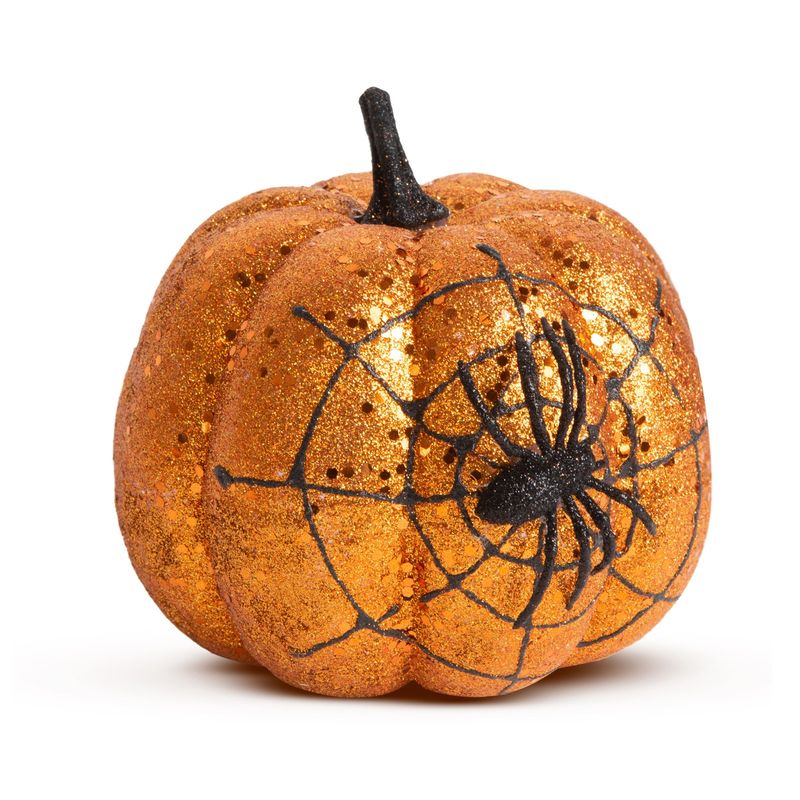 Casa si Gradina - Decoratiuni - Decoratiuni de sezon - Decor Halloween dovleac 15 cm, cu sclipici portocaliu si panza de paianjen - Infinity.ro