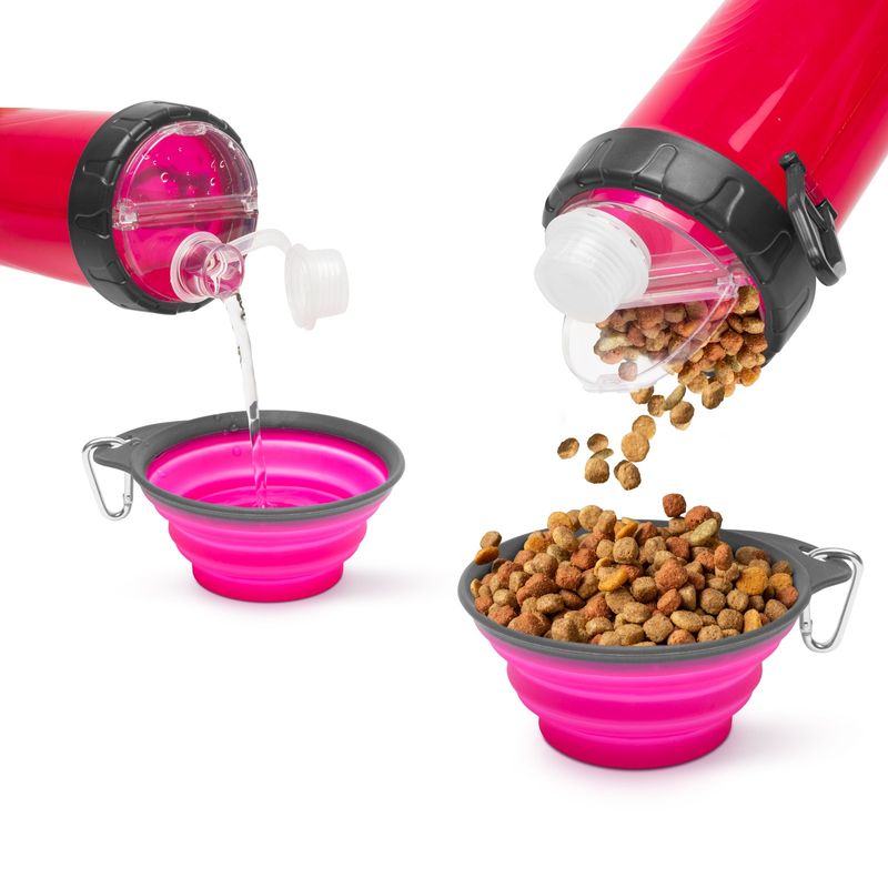 Petshop - Accesorii petshop - Castroane si adapatori - Bol pliabil pentru caini cu sticla apa, 350 ml, roz - Infinity.ro