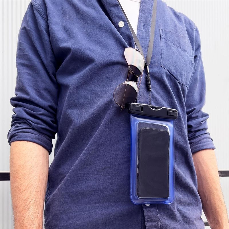 Laptop, Telefoane si Tablete - Telefoane mobile si accesorii - Accesorii Telefoane - Huse telefoane - Husa subacvatica cu snur pentru telefoane de maxim 6.7 inch, realizata din material TPU, intr-o culoare albastra transparenta - Infinity.ro