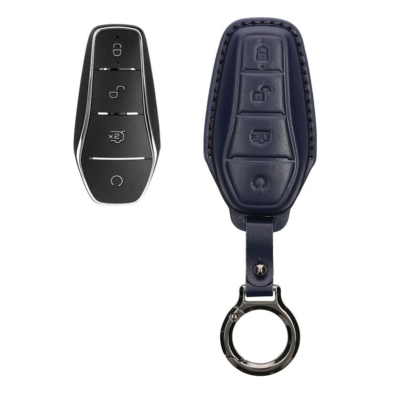 Auto si Moto - Electronice auto - Accesorii electronice auto - Husa cheie auto Kwmobile pentru BYD Atto 3, Atto 2, Sealion, Han, prindere cu inel, piele naturala, albastru - Infinity.ro