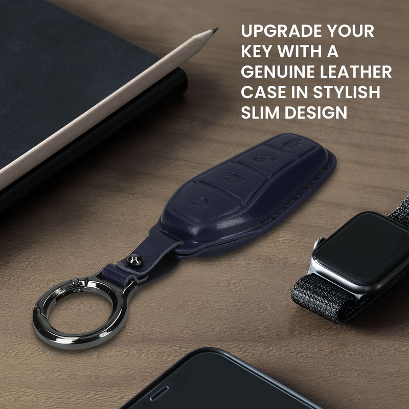 Auto si Moto - Electronice auto - Accesorii electronice auto - Husa cheie auto Kwmobile pentru BYD Atto 3, Atto 2, Sealion, Han, prindere cu inel, piele naturala, albastru - Infinity.ro