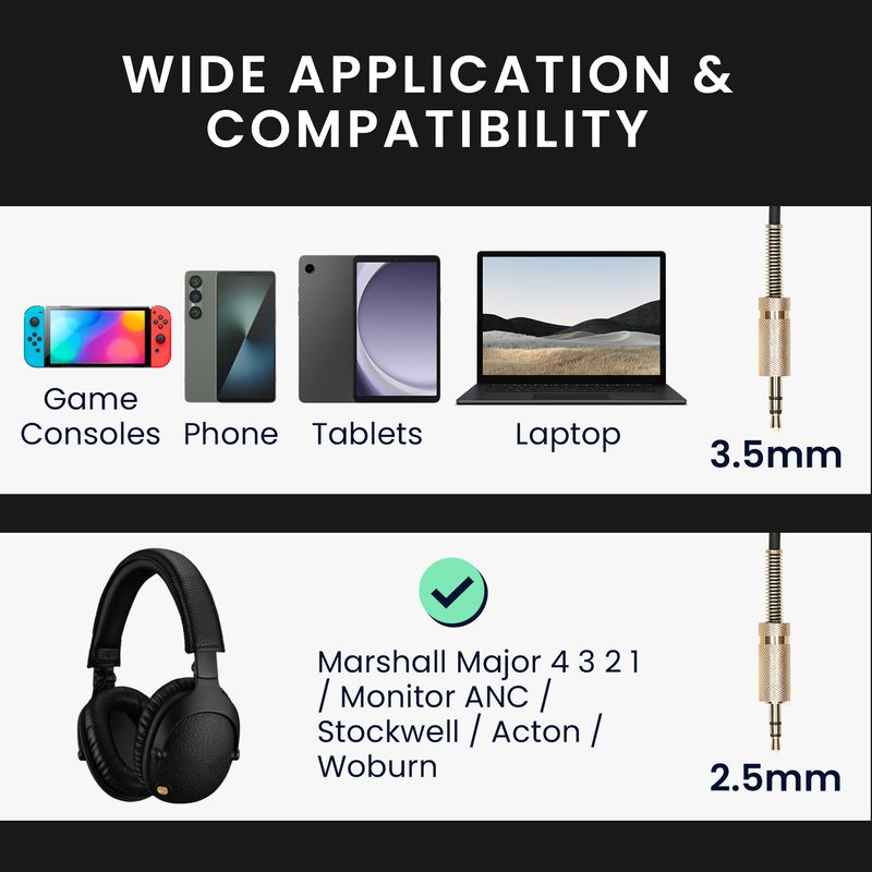 TV, Audio-Video si Foto - Accesorii TV si audio - Cabluri si adaptoare audio - Cablu Kwmobile pentru Marshall Major 4/3/2/1, Monitor ANC, Stockwell, Acton, Woburn, detasabil, negru - Infinity.ro