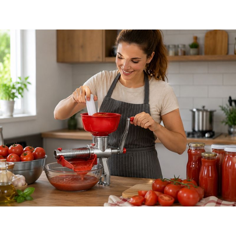 Casa si Gradina - Bucatarie si vesela - Ustensile bucatarie - Masini de tocat manuale - Masina manuala de stors rosii din aluminiu, Sita Inox, Separator Seminte si coji, Fixare pe masa - Infinity.ro