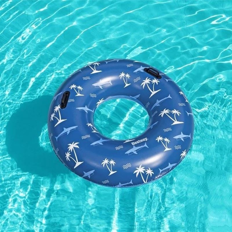 Jucarii, Copii si Bebe - Jucarii si jocuri - Jucarii de exterior - Colaci, ochelari si accesorii inot copii - Colac Gonflabil Colorat cu Model Palmieri si Rechini, Bestway, Ø119cm, Albastru - Infinity.ro