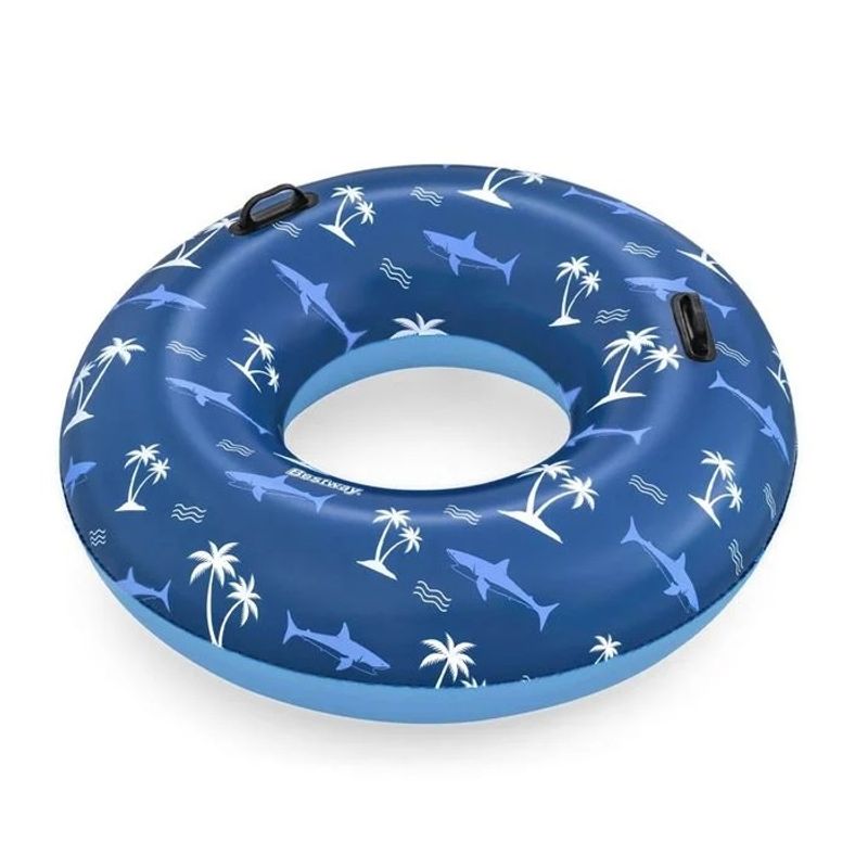 Jucarii, Copii si Bebe - Jucarii si jocuri - Jucarii de exterior - Colaci, ochelari si accesorii inot copii - Colac Gonflabil Colorat cu Model Palmieri si Rechini, Bestway, Ø119cm, Albastru - Infinity.ro