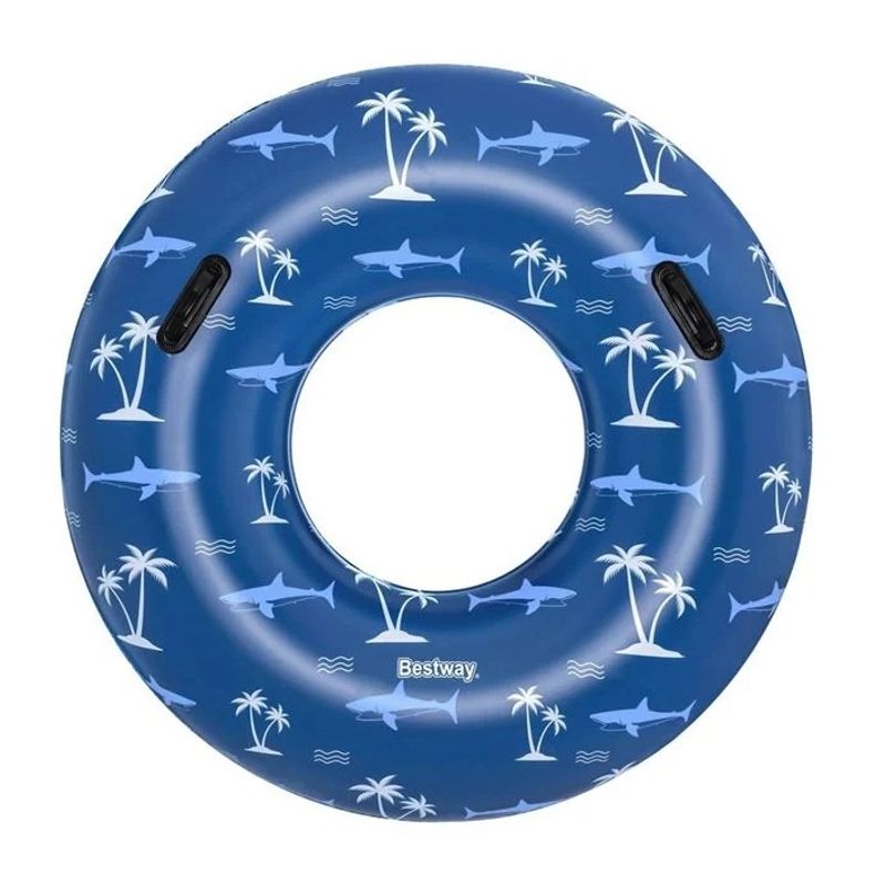 Jucarii, Copii si Bebe - Jucarii si jocuri - Jucarii de exterior - Colaci, ochelari si accesorii inot copii - Colac Gonflabil Colorat cu Model Palmieri si Rechini, Bestway, Ø119cm, Albastru - Infinity.ro