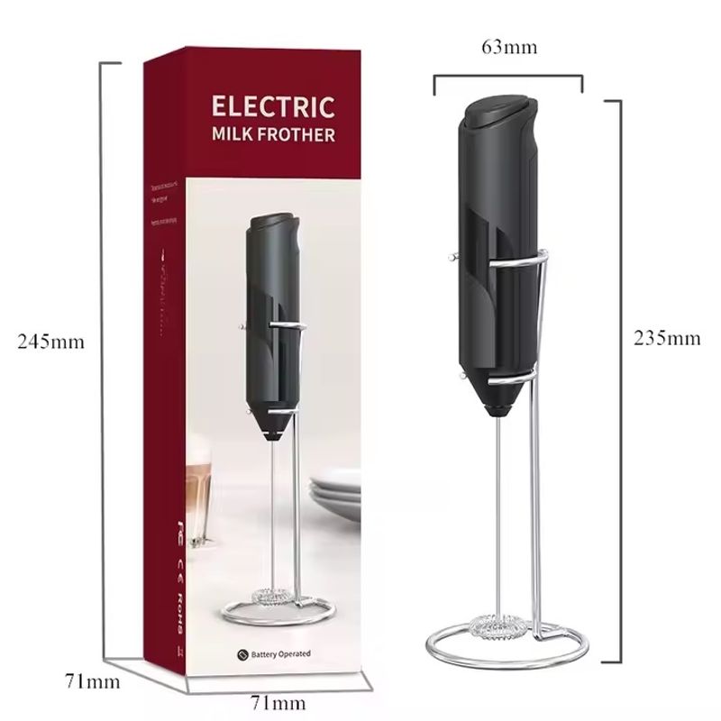 Electronice si Electrocasnice - Electrocasnice bucatarie - Mixere, tocatoare & roboti de bucatarie - Mixere - Mini Mixer pentru lapte, cu suport, functioneaza cu baterii, 22 cm lungime, negru - Infinity.ro