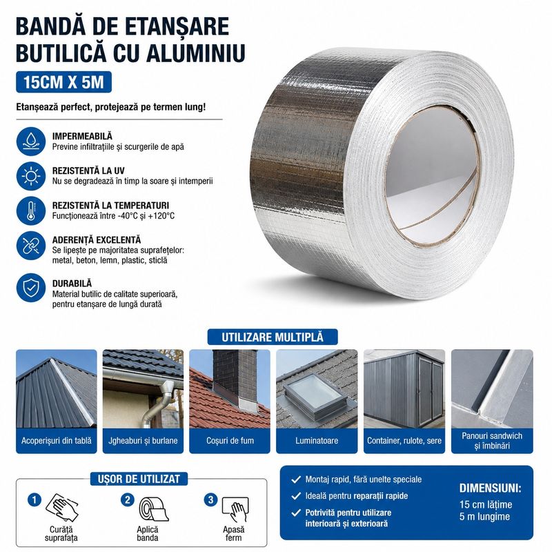 Casa si Gradina - Constructii - Hidroizolatii - Adezivi hidroizolatii - Banda de etansare butilica cu aluminiu 15cm x 5m, Autoadeziva, Impermeabila, Rezistenta la UV si intemperii - Infinity.ro