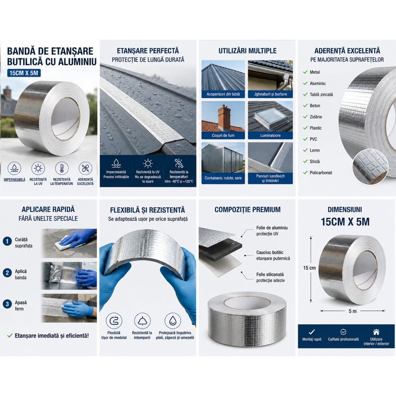 Casa si Gradina - Constructii - Hidroizolatii - Adezivi hidroizolatii - Banda de etansare butilica cu aluminiu 15cm x 5m, Autoadeziva, Impermeabila, Rezistenta la UV si intemperii - Infinity.ro