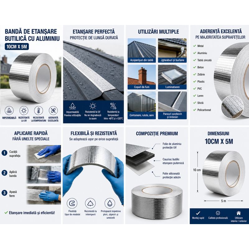 Casa si Gradina - Constructii - Hidroizolatii - Adezivi hidroizolatii - Banda de etansare butilica cu aluminiu 10cm x 5m, Autoadeziva, Impermeabila, Rezistenta la UV si intemperii - Infinity.ro