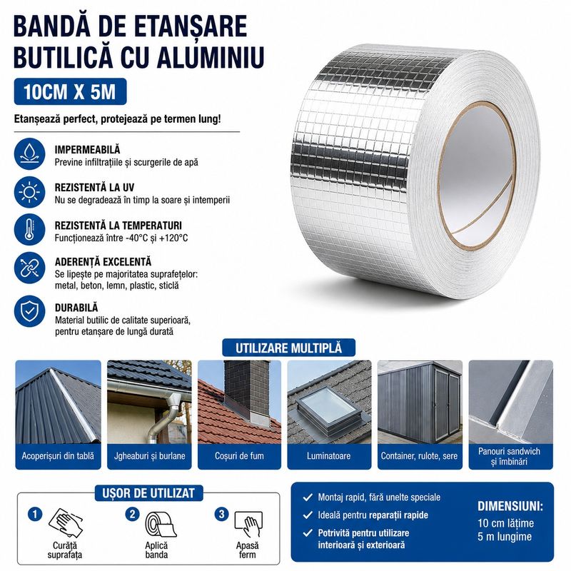Casa si Gradina - Constructii - Hidroizolatii - Adezivi hidroizolatii - Banda de etansare butilica cu aluminiu 10cm x 5m, Autoadeziva, Impermeabila, Rezistenta la UV si intemperii - Infinity.ro