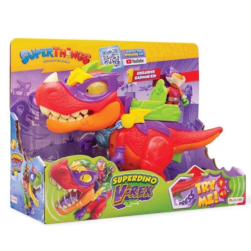 Jucarii, Copii si Bebe - Jucarii si jocuri - Jucarii & jocuri educative - Jucarii interactive - Set de joaca Super Things cu figurina Super Dino V-Rex, Dimensiune 30x13x23cm, Multicolor - Infinity.ro