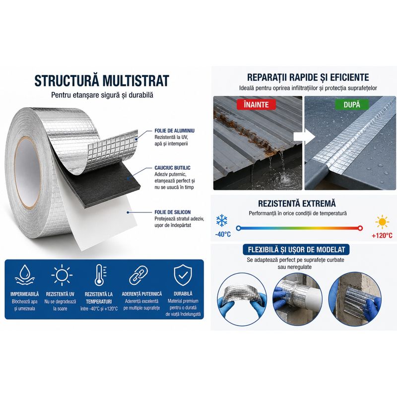 Casa si Gradina - Constructii - Hidroizolatii - Adezivi hidroizolatii - Banda de etansare butilica cu aluminiu 5cm x 5m, Autoadeziva, Impermeabila, Rezistenta la UV si intemperii - Infinity.ro