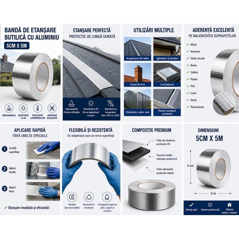 Casa si Gradina - Constructii - Hidroizolatii - Adezivi hidroizolatii - Banda de etansare butilica cu aluminiu 5cm x 5m, Autoadeziva, Impermeabila, Rezistenta la UV si intemperii - Infinity.ro