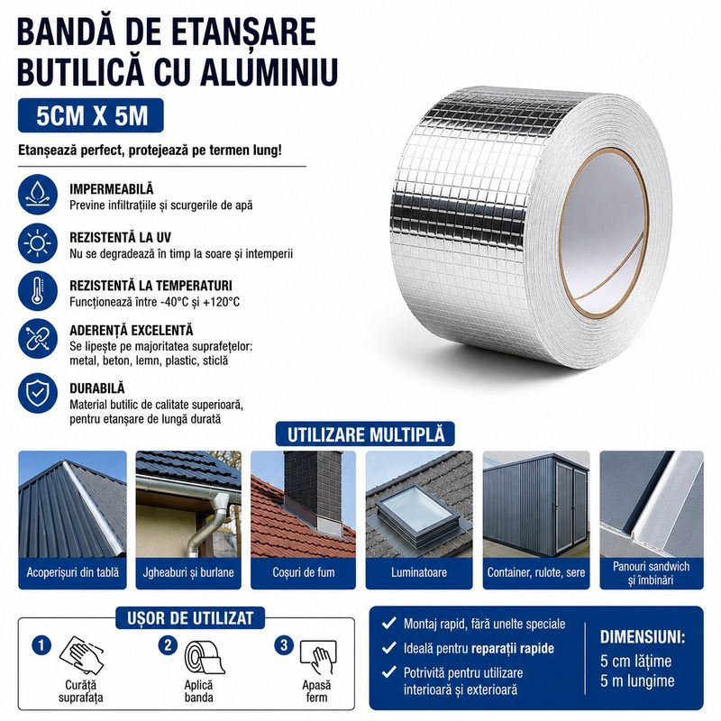 Casa si Gradina - Constructii - Hidroizolatii - Adezivi hidroizolatii - Banda de etansare butilica cu aluminiu 5cm x 5m, Autoadeziva, Impermeabila, Rezistenta la UV si intemperii - Infinity.ro