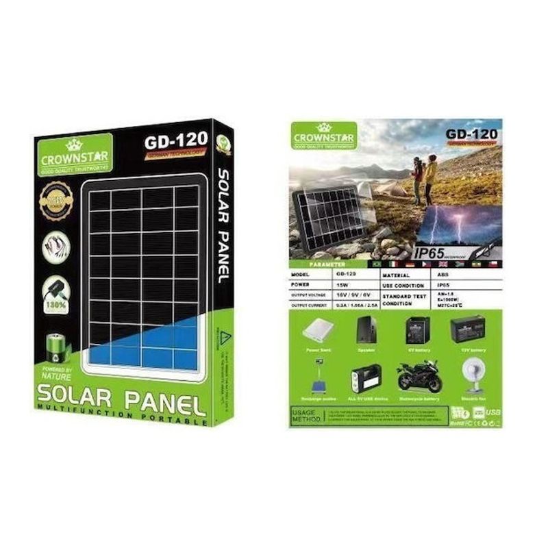 Sport si Outdoor - Camping - Articole solare camping - Panouri solare camping - Panou solar 15W portabil, GD-120, IP65, cu mufe pentru incarcare device-uri, ABS, 37x26 cm, negru - Infinity.ro
