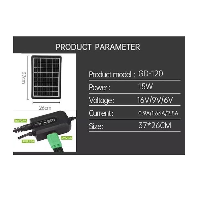 Sport si Outdoor - Camping - Articole solare camping - Panouri solare camping - Panou solar 15W portabil, GD-120, IP65, cu mufe pentru incarcare device-uri, ABS, 37x26 cm, negru - Infinity.ro