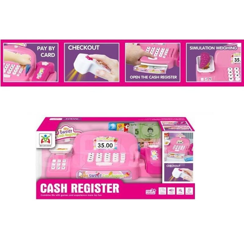 Jucarii, Copii si Bebe - Jucarii si jocuri - Jucarii & jocuri educative - Jucarii interactive - Casa de marcat de jucarie, pentru copii 3 ani+, cu card, bancnote si alte accesorii, sunete si lumini, Roz - Infinity.ro