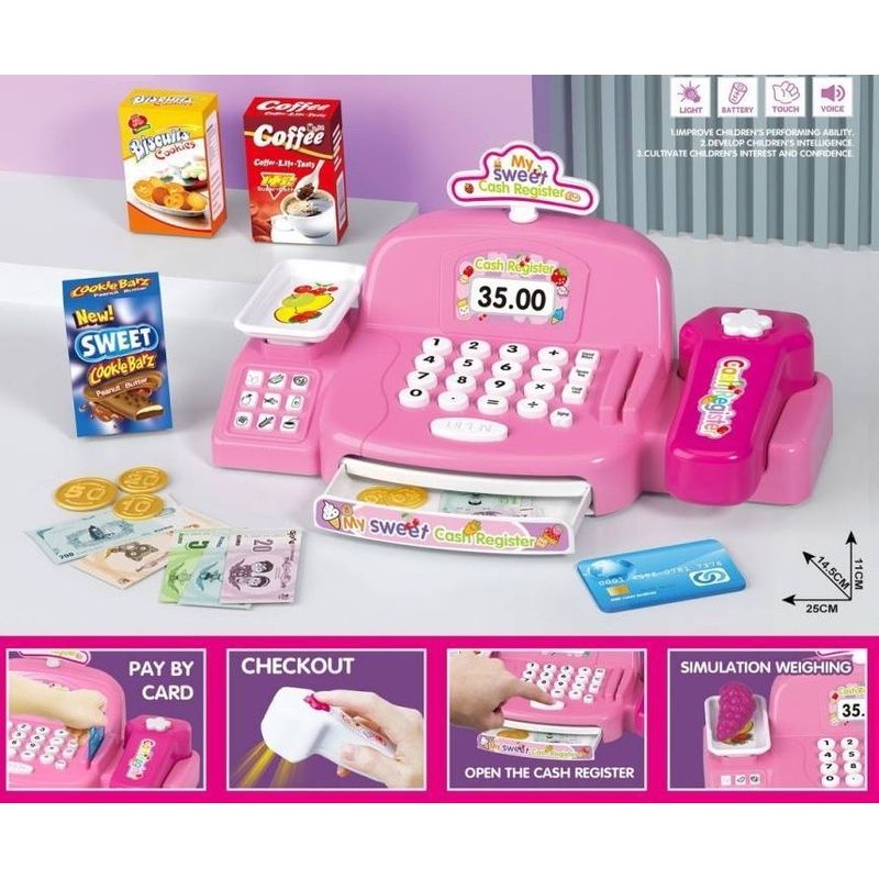 Jucarii, Copii si Bebe - Jucarii si jocuri - Jucarii & jocuri educative - Jucarii interactive - Casa de marcat de jucarie, pentru copii 3 ani+, cu card, bancnote si alte accesorii, sunete si lumini, Roz - Infinity.ro