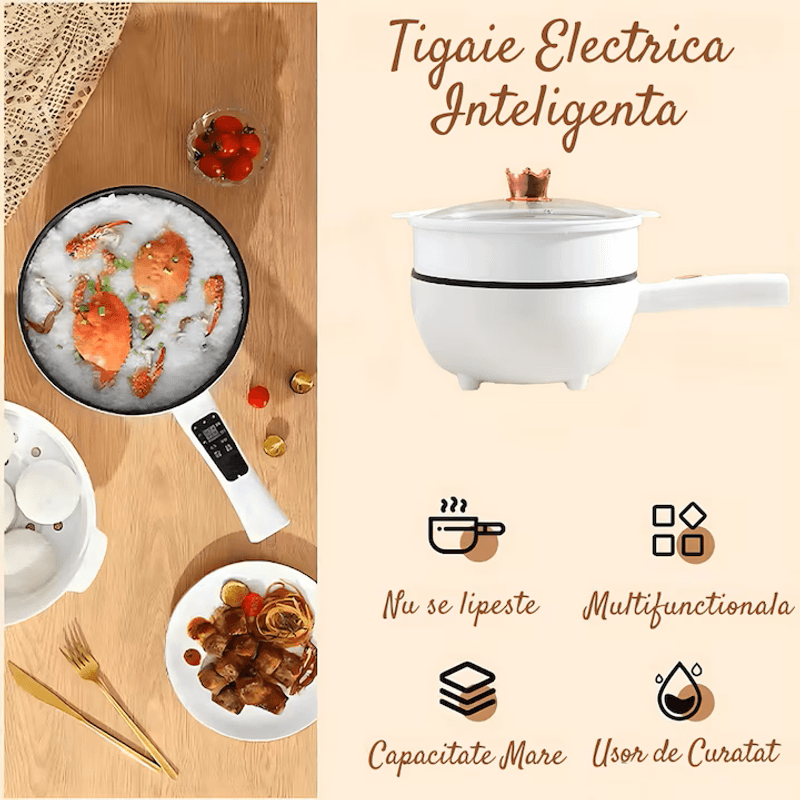 Casa si Gradina - Bucatarie si vesela - Vase pentru gatit - Tigai si seturi - Tigaie Electrica Inteligenta 3L – Panou de Control Tactil, 26 cm, Prajire, Fierbere, Aburire, Mentinere a Caldurii - Infinity.ro