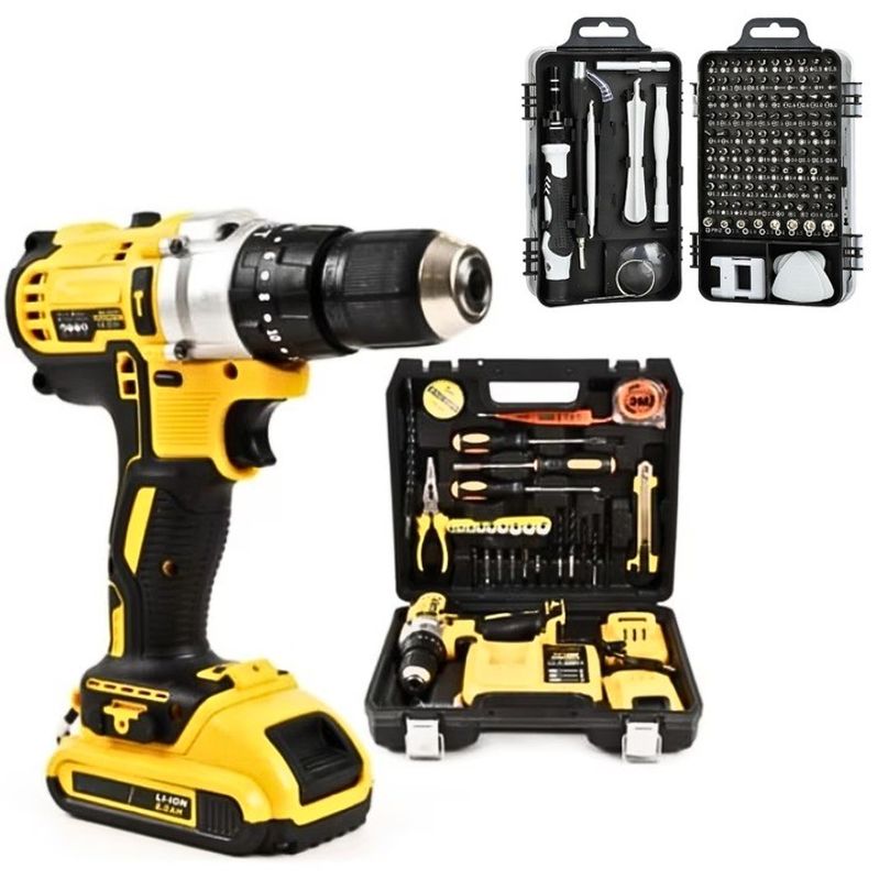 Casa si Gradina - Constructii - Scule electrice si accesorii - Masini de gaurit si insurubat - Masina de gaurit si insurubat FOTOFUN, cu percutie, , valiza transport + trusa completa de biti, + Adaptor 45 grade - Infinity.ro