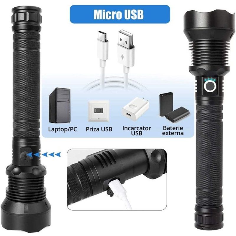 Casa si Gradina - Corpuri si surse de iluminat - Iluminat exterior - Lanterne - Lanterna din aliaj de aluminiu negru P70 LED cu 2 acumulatori BL26650 3.7V 6800mAH - Infinity.ro