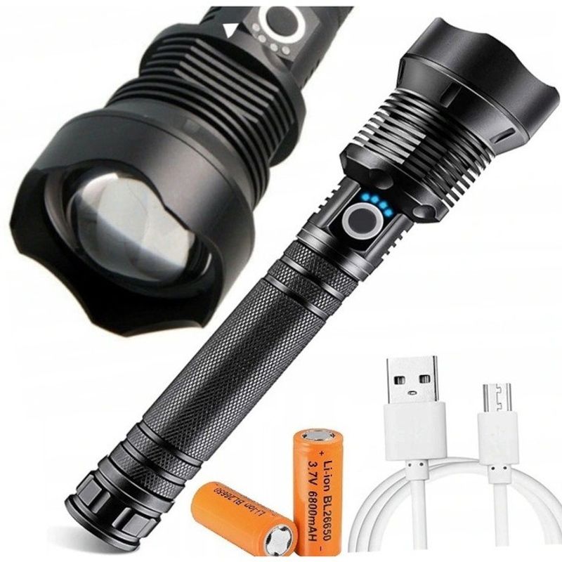 Casa si Gradina - Corpuri si surse de iluminat - Iluminat exterior - Lanterne - Lanterna din aliaj de aluminiu negru P70 LED cu 2 acumulatori BL26650 3.7V 6800mAH - Infinity.ro