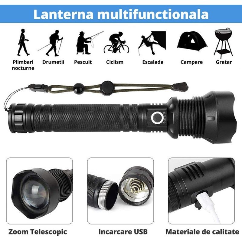 Casa si Gradina - Corpuri si surse de iluminat - Iluminat exterior - Lanterne - Lanterna din aliaj de aluminiu negru P70 LED cu 2 acumulatori BL26650 3.7V 6800mAH - Infinity.ro