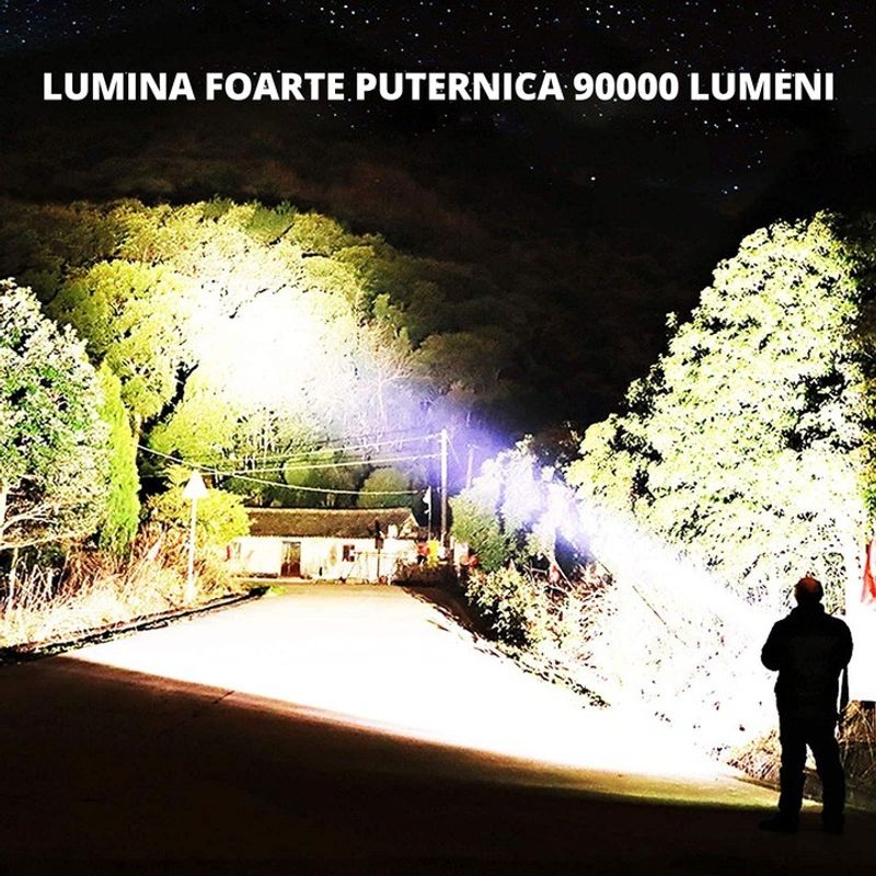 Casa si Gradina - Corpuri si surse de iluminat - Iluminat exterior - Lanterne - Lanterna din aliaj de aluminiu negru P70 LED cu 2 acumulatori BL26650 3.7V 6800mAH - Infinity.ro