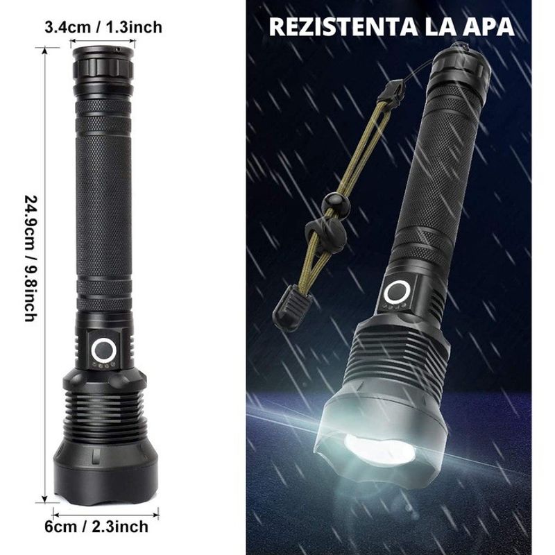 Casa si Gradina - Corpuri si surse de iluminat - Iluminat exterior - Lanterne - Lanterna din aliaj de aluminiu negru P70 LED cu 2 acumulatori BL26650 3.7V 6800mAH - Infinity.ro