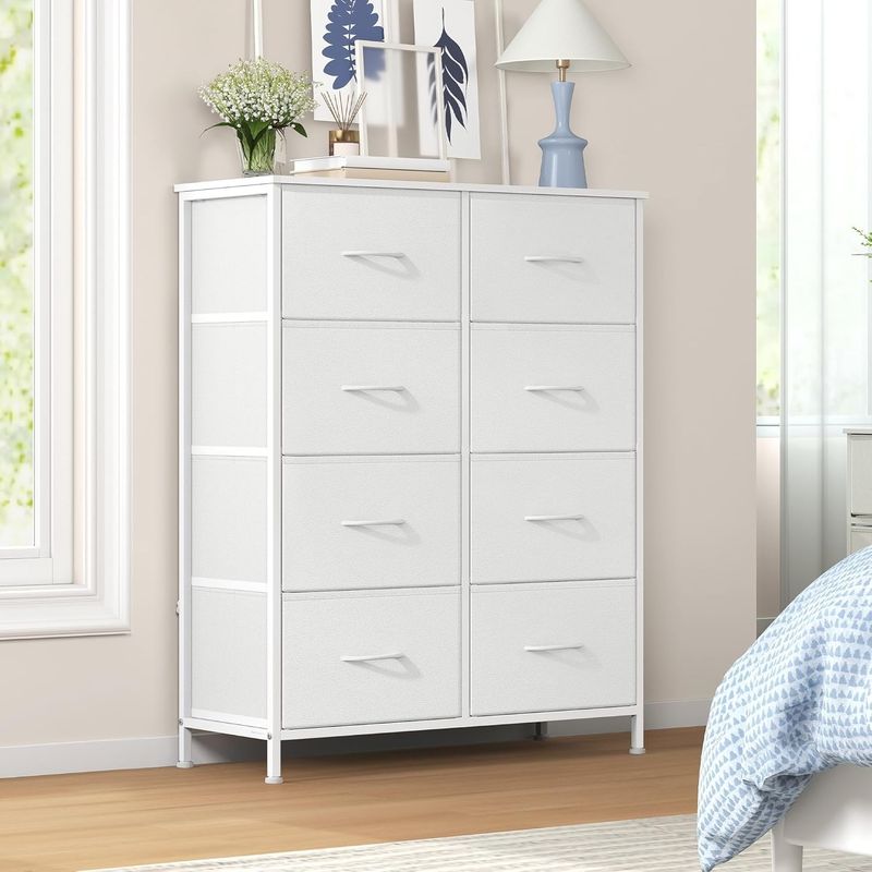 Casa si Gradina - Mobilier - Comode si corpuri - Comode - Comoda cu 8 sertare textile cu structura MDF, cadru metalic, stil minimalist, 77x30x95 cm, alb - Infinity.ro