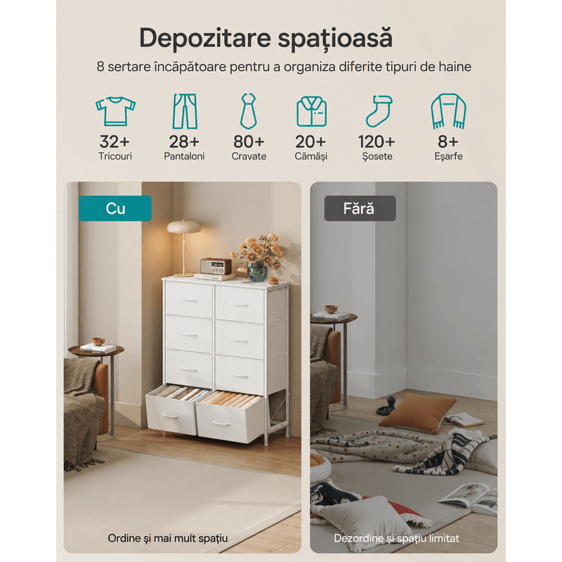 Casa si Gradina - Mobilier - Comode si corpuri - Comode - Comoda cu 8 sertare textile cu structura MDF, cadru metalic, stil minimalist, 77x30x95 cm, alb - Infinity.ro