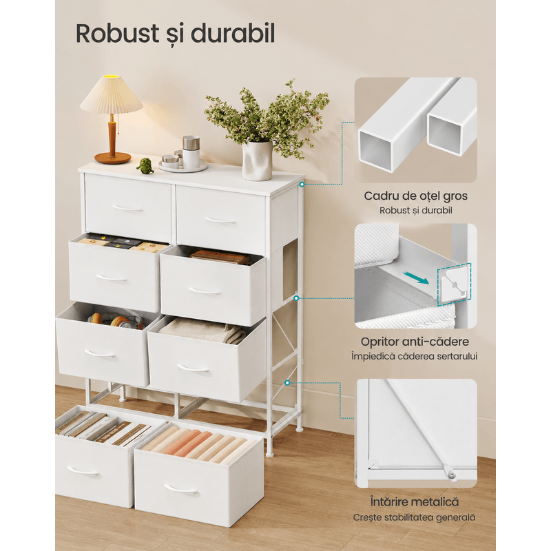 Casa si Gradina - Mobilier - Comode si corpuri - Comode - Comoda cu 8 sertare textile cu structura MDF, cadru metalic, stil minimalist, 77x30x95 cm, alb - Infinity.ro